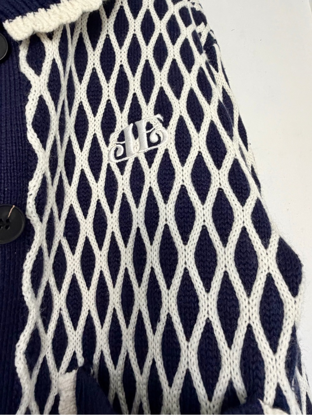 Navy and White Diamond Knit Cardigan Sweater set - Women